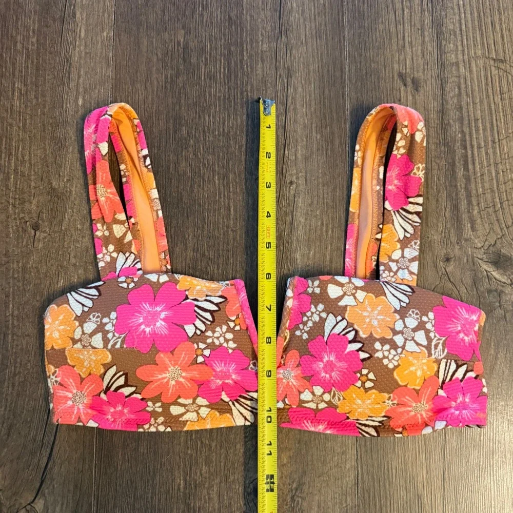 Aerie Bikini Top Medium Brown Pink Floral V-Wire Textured Swim Groovy 70s Retro